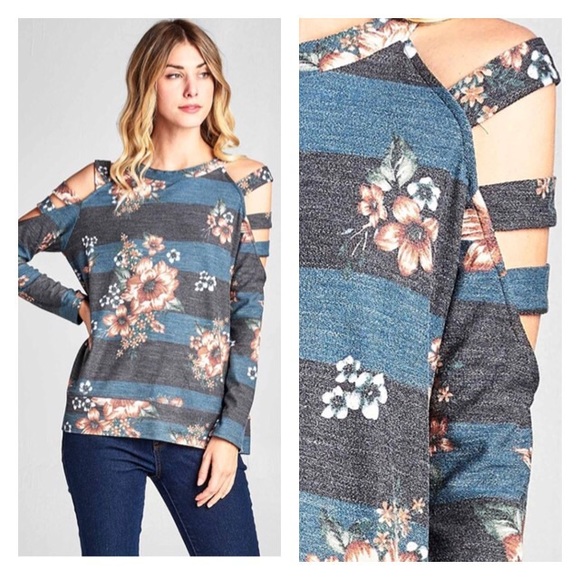 Floral Cold Shoulder turquoise and Gray Top - Picture 2 of 8